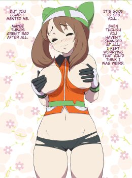 00s 1girl alternate_costume bandana between_breasts blush breast_hold breasts brown_hair cameltoe covering_breasts covering_privates gloves grey_eyes highres large_breasts looking_at_viewer makoto_daikichi may_(pokemon) may_(pokemon_emerald) midriff nintendo one_eye_closed open_mouth pokemon pokemon_(anime) pokemon_dppt_(anime) short_hair smile solo thigh_gap tight_clothes translated wink