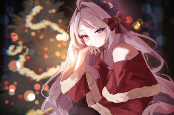 1girl :/ bare_shoulders black_pantyhose blue_archive christmas_ornaments_in_hair christmas_tree commentary cowboy demon_horns hand_on_own_chin highres hina_(blue_archive) horns light_blush long_hair looking_at_viewer pantyhose pink_eyes santa_costume solo swept_bangs takamalu08_12 western white_hair