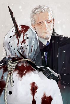 1boy black_gloves black_jacket blood blood_on_clothes blue_eyes blue_necktie cigarette collared_shirt corpse ctkcave earrings faceless facial_hair gloves goatee hair_slicked_back holding holding_cigarette holding_knife holding_weapon impaled jacket jewelry knife loose_hair_strand male_focus mature_male necktie noose old old_man original scar scar_on_face scar_on_mouth shirt short_hair simple_background single_earring smile snow snowing snowman solo striped_necktie watch weapon white_background white_hair white_shirt wristwatch wristwatch_over_clothes