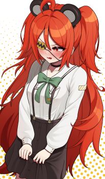 1girl absurdres ahoge animal_ears bandages bear_ears blush breasts eyepatch fake_animal_ears hair_between_eyes hair_ornament highres koleda_belobog long_hair medical_eyepatch red_eyes red_hair ru_wan_chi simple_background solo sphere_hair_ornament white_background zenless_zone_zero