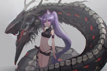 1girl absurdres animal_ears breasts breath cat_ears commission crop_top dragon eastern_dragon expressionless highres knife long_hair looking_at_viewer mecha mecha_musume micro_shorts navel oota_youjo original pink_eyes pixiv_commission ponytail purple_hair robot science_fiction shorts small_breasts very_long_hair weapon whip