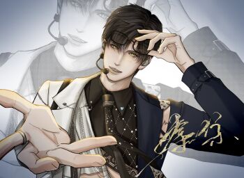 black-framed_eyewear black_hair commentary dancer dancing dlloyee english_commentary glasses green_eyes highres holding holding_removed_eyewear idol jewelry love_and_deepspace microphone ring unworn_eyewear zayne_(love_and_deepspace)