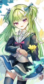 absurdres black_thighhighs blunt_bangs bow collared_shirt commentary_request crop_top flower frilled_skirt frills green_hair hair_intakes highres holding holding_flower long_hair long_sleeves looking_at_viewer murasame_(senren) pink_eyes pipi_(pipinavigation) red_bow senren_banka shirt skirt smile straight_hair thighhighs two_side_up white_shirt yellow_flower zettai_ryouiki