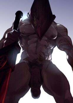 1boy abs bara dirty great_knife highres male_focus mask muscular nude pectorals penis pyramid_head scar silent_hill solo sword weapon
