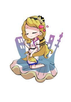 1girl barefoot blonde_hair breasts chibi chibi_only clam closed_eyes commentary_request dairi dress frilled_dress frilled_sleeves frills full_body hand_up kneeling large_variant_set long_hair short_sleeves side_slit simple_background smile solo tachi-e touhou transparent_background variant_set very_long_hair watari_nina white_dress yellow_eyes