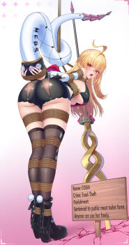 1girl absurdres ahoge ass bdsm black_boots black_shorts black_thighhighs blonde_hair bondage boots bound bound_arms bound_knees bound_legs bound_thighs bound_torso bound_wrists breasts cameltoe cissia_(zenless_zone_zero) fingernails fintowing full_body gradient_background highres long_hair looking_at_viewer looking_back nail_polish open_mouth pink_nails red_eyes shibari shorts sign simple_background snake_girl snake_tail solo tail thighhighs underboob zenless_zone_zero