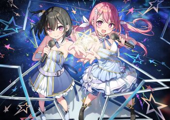 2girls arm_up bare_shoulders black_hair blue_dress blush boots breasts collar collarbone commentary dark_background detached_collar detached_sleeves dress full_body hair_ornament hair_scrunchie highres holding holding_microphone kantoku kurumi_(kantoku) long_hair looking_at_viewer medium_hair microphone multiple_girls one_side_up open_mouth original pink_eyes pink_hair pleated_skirt purple_eyes ribbon scrunchie shizuku_(kantoku) short_dress single_detached_sleeve skirt smile standing strapless strapless_dress symbol-only_commentary twintails