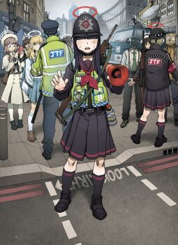 2boys 6+girls android_(blue_archive) assault_rifle battle_rifle black_shoes black_skirt black_socks blue_archive blue_skirt bowler_hat building bullpup chickenapple33 city commentary_request cuffs custodian_helmet dress em-2 fn_fal green_vest gun halo handcuffs hat helmet high-visibility_clothing high-visibility_jacket high-visibility_vest highres justice_task_force_member_(blue_archive) korean_commentary looking_at_viewer m1_garand megaphone metropolitan_police_service motor_vehicle multiple_boys multiple_girls outdoors police police_uniform policewoman rifle robot rolling_eyes school_uniform shoes skirt socks suspenders sweat tea_party_militant_(blue_archive) trinity_student_(blue_archive) van vest weapon white_dress