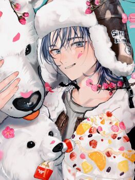 1boy animal bear blue_eyes blue_hair cherry choppy_bangs coat commentary flower food fruit fur-trimmed_coat fur-trimmed_headwear fur_trim highres ice_cream looking_at_viewer male_focus mole mole_under_eye original petals pink_flower pink_petals polar_bear sahi00000 short_hair smile solo symbol-only_commentary upper_body white_coat