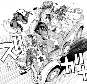5girls absurdres akari_(blue_archive) blue_archive car_crash cooking_pot crash crash_landing gourmet_research_society_(blue_archive) halo haruna_(blue_archive) highres injury izumi_(blue_archive) junko_(blue_archive) motor_vehicle multiple_girls overturned_car sadamatsu_ryuuichi stove tsubaki_(blue_archive) wreckage