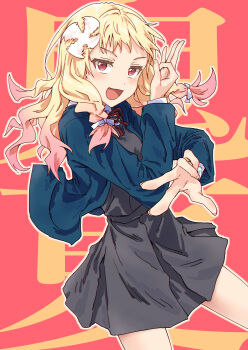 Rule 34 | 1girl, :3, :d, blonde hair, blue jacket, braid, collared shirt, commentary, cowboy shot, dress, flower, gradient hair, grey dress, hair flower, hair ornament, highres, jacket, jitome, long hair, long sleeves, looking at viewer, love live!, love live! superstar!!, low-tied long hair, middle finger, multicolored hair, neck ribbon, ok sign, onitsuka natsumi, open clothes, open jacket, open mouth, outline, pink hair, red background, red ribbon, revision, ribbon, school uniform, shirt, short dress, side braids, smear frame, smile, solo, text background, translation request, white flower, white outline, white shirt, winter uniform, yuigaoka school uniform, yukitake (bullfalk)