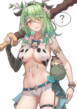 2girls ? alternate_costume animal_ears animal_print antlers aqua_nails bell belt blue_belt blue_flower blush bracelet breasts ceres_fauna chibi chibi_inset commentary cow_ears cow_horns cow_print cowboy_shot eliskalti english_commentary eyelashes fake_animal_ears fake_horns fingernails flower food fruit green_hair hair_flower hair_ornament hair_over_one_eye hairband holding holding_weapon hololive hololive_english horns jewelry leaf long_hair melon mole mole_under_eye multiple_girls nail_polish navel neck_bell over_shoulder pink_flower short_shorts shorts simple_background smol_ame speech_bubble spoken_question_mark stomach sweatdrop thigh_strap virtual_youtuber watson_amelia weapon weapon_over_shoulder white_background white_shorts yellow_eyes