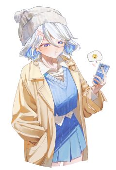 Rule 34 | 1girl, absurdres, alternate costume, anger vein, beanie, blue eyes, blue hair, blue skirt, blue sweater vest, blver, brown coat, coat, commentary, cropped legs, furina (genshin impact), genshin impact, grey hat, hand in pocket, hat, heterochromia, highres, holding, holding phone, korean commentary, phone, pleated skirt, pout, school uniform, shirt, simple background, skirt, spoken expression, sweater vest, white background, white hair, white shirt