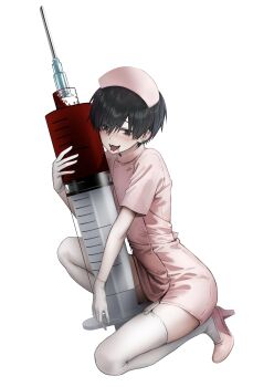 1boy absurdres alternate_hairstyle black_eyes black_hair blood blush cleft_tongue crossdressing crossdressing_(mtf) dress drooling ear_piercing earrings fangs forked_tongue full_body garter_straps gloves hat high_heels highres holding holding_syringe imai-kun_(imai_akira) imai_akira jewelry looking_at_viewer male_focus microdress nurse nurse_cap on_one_knee original oversized_object piercing pink_dress pink_hat pink_shoes saliva shoes short_sleeves simple_background solo syringe thighhighs tongue tongue_piercing trap white_background white_gloves white_thighhighs