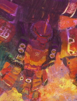 Rule 34 | absurdres, gundam, gundam thunderbolt, highres, horns, mecha, mecha focus, mobile suit, molai, no humans, one-eyed, purple eyes, robot, science fiction, single horn, solo, zaku ii (reuse p device), zeon