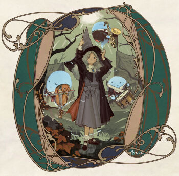 1girl absurdres coat conductor_baton dress fantasy grey_background grey_eyes grey_hair hat highres instrument long_coat long_hair nanora open_clothes open_coat original shoes skirt socks solo violin wand white_socks witch witch_hat