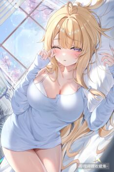 1girl ahoge bed bed_sheet blonde_hair blue_nails blush bra bra_strap branch breasts cherry_blossoms chinese_commentary cleavage collarbone commentary_request cream_(vtuber) curtains day hair_between_eyes hair_intakes hair_spread_out hand_up heart heart_ahoge highres iceeee12593357 indie_virtual_youtuber indoors large_breasts lens_flare long_hair long_sleeves looking_at_viewer lying nail_polish on_bed on_side one_eye_closed parted_lips pillow purple_eyes shirt sidelocks single_bare_shoulder single_off_shoulder sleepwear sleeves_past_wrists solo thighs underwear very_long_hair virtual_youtuber waking_up white_bra white_shirt window window_blinds
