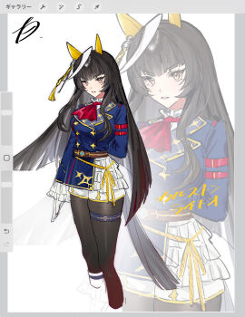 1girl ahoge animal_ears blunt_bangs breasts calstone_light_o_(one_true_path)_(umamusume) calstone_light_o_(umamusume) gloves hair_between_eyes hair_ornament highres hokushinron horse_ears horse_girl horse_tail long_hair looking_at_viewer pantyhose solo tail umamusume yellow_eyes