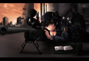 1girl bad_id bad_pixiv_id baseball_cap bipod black_hair breasts cleavage fbi female_focus gun hat koh_(minagi_kou) letterboxed looking_up medium_breasts radio red_eyes rifle scope shameimaru_aya smile sniper sniper_rifle solo sunset terabaito_(furisodukai) touhou weapon wings