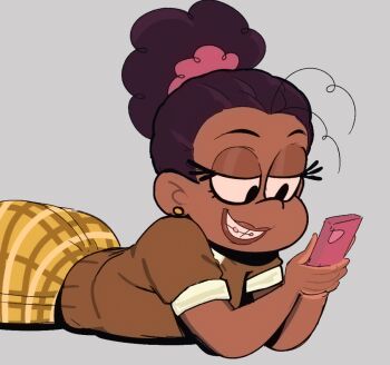1girl braces brown_eyes brown_hair brown_shirt cellphone dark-skinned_female dark_skin grey_background holding holding_phone luan_bloud lying mahmapuu on_stomach phone plaid_clothes plaid_skirt shirt short_sleeves simple_background skirt smartphone solo the_bloud_house yellow_skirt