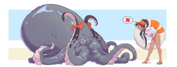 Rule 34 | 1girl, absurdres, animal, black hair, dark-skinned female, dark skin, female focus, flip-flops, hand on own hip, highres, innertube, lifeguard, long hair, long sleeves, molamola5440, octopus, orange headwear, original, oversized animal, ponytail, sandals, shirt, solo, speech bubble, standing, suction cups, swim ring, tentacles, white shirt, wide shot