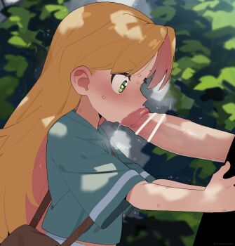 1boy 1girl absurdres aqua_jacket bar_censor blonde_hair blush censored colored_inner_hair commentary_request fellatio green_eyes heart heart-shaped_pupils hetero highres jacket long_hair mizumizuni multicolored_hair open_mouth oral outdoors penis pink_hair ruri_no_houseki short_sleeves solo_focus sweat symbol-shaped_pupils tanigawa_ruri two-tone_hair