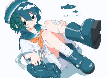 Rule 34 | 1girl, bag, bandaid, bandaid on leg, blue boots, blue hair, blue hat, blue sailor collar, boots, commentary, convenient leg, fish, full body, hat, highres, knees up, looking at viewer, nanoni!, neckerchief, open mouth, orange neckerchief, original, pleated skirt, romaji commentary, romaji text, rubber boots, sailor collar, school bag, school uniform, serafuku, shirt, short hair, short sleeves, simple background, sitting, skirt, solo, white background, white shirt, white skirt