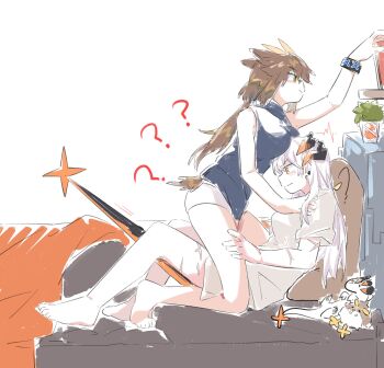 2girls akan_(azure_samu) animal_ears arknights bare_legs barefoot bird_ears bird_tail black_tank_top blush brown_hair character_doll closed_mouth commentary doll dragon_horns dragon_tail feather_hair hand_on_another&#039;s_thigh highres horns infection_monitor_(arknights) long_hair multiple_girls on_bed orange_eyes panties plant potted_plant saria_(arknights) scar scar_on_arm scar_on_leg shirt silence_(arknights) straddling tail tank_top underwear white_hair white_panties white_shirt yellow_eyes yuri