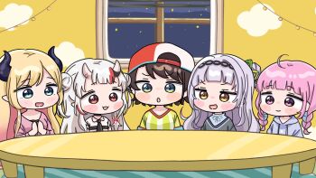 Rule 34 | 5girls, :d, :o, backwards hat, baseball cap, black necktie, blonde hair, blue eyes, blue hair, blush stickers, braid, brown eyes, brown hair, chibi, closed mouth, collared shirt, commentary request, demon horns, double bun, drawstring, dress, grey dress, grey hair, grey hoodie, grey shirt, hair bun, hat, highres, hololive, hood, hood down, hoodie, horns, indoors, long hair, low twintails, minato aqua, mochimiko, multicolored hair, multiple girls, murasaki shion, nakiri ayame, nakiri ayame (streetwear), necktie, night, oozora subaru, oozora subaru (1st costume), open mouth, own hands together, parted lips, pink hair, pink shirt, pointy ears, red eyes, red hair, shirt, short sleeves, sky, smile, star (symbol), streaked hair, string of light bulbs, striped clothes, striped shirt, table, twin braids, twintails, two-tone hair, two side up, vertical-striped clothes, vertical-striped shirt, very long hair, virtual youtuber, white shirt, window, yuzuki choco