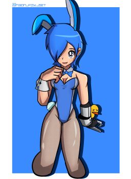 absurdres blue_hair glitch_productions hair_over_one_eye highres mechanical_arms meta_runner playboy_bunny rabbit_ears single_mechanical_arm smg4 tari_(meta_runner) tari_(smg4)