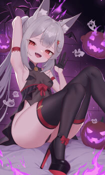 1girl absurdres animal_ears armpits black_gloves breasts gloves grey_hair high_heels highres kareya_(jixo95821699) mesugaki original red_eyes small_breasts solo thighhighs