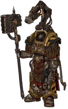 absurdres adeptus_astartes armor bolter chaos_space_marine commission full_armor hammer hazard_stripes helm helmet highres holding holding_bolter holding_hammer holding_weapon horus_heresy huge_weapon iron_warriors kkghost_tv pauldrons power_armor shoulder_armor terminator_armor war_hammer warhammer_40k weapon