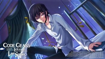 1boy arm_on_knee arm_support black_hair black_pants blurry blurry_background book bookmark buttons closed_mouth code_geass code_geass:_lost_stories collarbone collared_shirt commentary_request curtains depth_of_field dutch_angle f4samurai falling_petals hair_between_eyes half-closed_eyes happy highres holding holding_book indoors knee_up leaning_to_the_side lelouch_vi_britannia long_sleeves looking_at_viewer male_focus night official_art on_bed pants pectoral_cleavage pectorals petals purple_eyes shirt short_hair sidelocks sitting smile solo white_shirt window