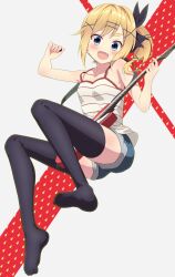 Rule 34 | 1girl, absurdres, black thighhighs, blonde hair, blue eyes, camisole, cereal (cerealoekaki), denim, denim shorts, electric guitar, fang, guitar, hair ornament, hair ribbon, highres, instrument, jumping, music, no shoes, nukui hayu, ochikobore fruit tart, open mouth, playing instrument, plectrum, ribbon, short shorts, shorts, side ponytail, solo, thick eyebrows, thighhighs, x hair ornament