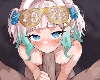 1boy 1girl 2026 blue_eyes breasts commentary ddrawins english_commentary fellatio gradient_hair green_hair hair_ornament hetero highres indie_virtual_youtuber looking_at_viewer mint_fantome multicolored_hair nipples oral penis pointy_ears pov small_breasts solo_focus veins veiny_penis virtual_youtuber white_hair x_hair_ornament