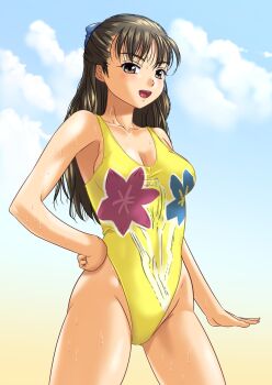 1girl black_hair blue_ribbon blue_sky blush breasts brown_eyes casual_one-piece_swimsuit chouriki_sentai_ohranger cleavage cloud collarbone commentary_request commission covered_navel floral_print hair_ribbon half_updo hand_on_own_hip highleg highleg_one-piece_swimsuit highres jiyuuyuu looking_at_viewer medium_breasts nijou_juri one-piece_swimsuit open_mouth print_swimsuit ribbon skeb_commission sky smile solo standing super_sentai swimsuit teeth wet yellow_one-piece_swimsuit