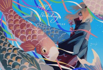 1boy akatsuki_uniform black_coat black_nails blonde_hair closed_eyes coat dated deidara_(naruto) fish fish_request forehead_protector hair_over_one_eye happy_birthday highres holding holding_pinwheel long_hair long_sleeves naruto_(series) naruto_shippuuden pinwheel smile teeth twitter_username unno_24 wide_sleeves