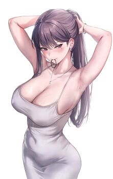 1girl absurdres alternate_breast_size_(larger) armpits arms_behind_head arms_up bang_dream! bang_dream!_it&#039;s_mygo!!!!! bare_arms bare_shoulders blush bracelet breasts chain chain_necklace cleavage closed_mouth collarbone commentary covered_navel cowboy_shot dongtan_dress dress earrings furiousghafo glint grey_dress hair_between_eyes hair_tie_in_mouth highres jewelry large_breasts long_hair looking_ahead looking_to_the_side mole mole_on_armpit mole_on_breast mole_under_eye mouth_hold necklace pendant ponytail purple_eyes purple_hair shiina_taki sideways_glance simple_background sleeveless sleeveless_dress solo spaghetti_strap standing sweat tight_clothes tight_dress tying_hair veins veiny_breasts white_background