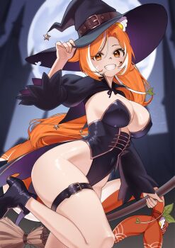 1girl belt belt_buckle black_belt black_leotard black_shoes black_shrug blurry blurry_background braid breasts broom brown_belt buckle character_request coattails collarbone commentary commission copyright_request covered_navel curvy english_commentary facial_mark fins fish_girl fish_tail grin halloween halloween_costume hand_on_headwear hat hat_belt hat_tip high_heels highleg highleg_leotard highres holding holding_broom large_breasts leg_up leotard long_hair long_sleeves looking_at_viewer multicolored_hair orange_eyes orange_hair rainenleaf shoes shrug_(clothing) smile solo star_(symbol) strapless strapless_leotard streaked_hair tail teeth thick_thighs thigh_belt thigh_strap thighs white_streaks wide_hips witch witch_hat ych_commission