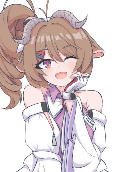 1girl ;d absurdres animal_ears ardelia_(arknights) arknights arknights:_endfield bare_shoulders brown_hair clothes_writing commentary curled_horns eyjafjalla_(arknights) grey_horns hair_between_eyes hair_ornament hairclip hand_on_own_cheek hand_on_own_face highres horns light_blush long_sleeves looking_at_viewer medium_hair one_eye_closed open_mouth purple_eyes risu_(risu028) sheep_ears sheep_girl sheep_horns simple_background smile solo white_background wide_sleeves