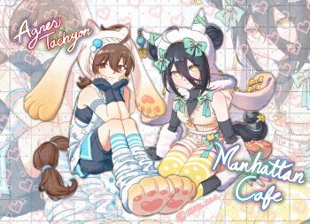 2girls agnes_tachyon_(umamusume) alternate_costume alternate_hairstyle animal_ears animal_hat armpit_crease black_hair bow brown_hair character_name closed_mouth double_bun elbow_gloves fingerless_gloves full_body gloves grid_background hair_bow hair_bun hat heart heart_background horse_ears horse_girl horse_tail kneehighs looking_at_viewer loose_socks manhattan_cafe_(umamusume) multiple_girls muyo_aaa paw_shoes red_eyes sitting sleeveless socks sports_bra sweater tail tank_top thighhighs turtleneck turtleneck_sweater twitter_username umamusume yellow_eyes zoom_layer
