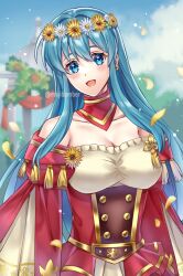 Rule 34 | 1girl, :d, bare shoulders, blue eyes, blue hair, blue sky, commentary request, day, dress, eirika (fire emblem), fire emblem, fire emblem: the sacred stones, fire emblem heroes, head wreath, highres, long hair, long sleeves, looking at viewer, maji (majibomber), nintendo, off-shoulder dress, off shoulder, official alternate costume, open mouth, petals, red dress, sky, smile, solo, upper body, very long hair