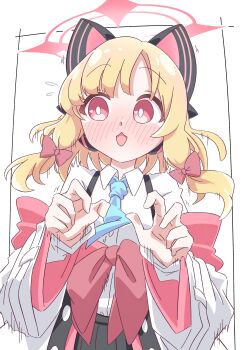 1girl absurdres animal_ear_headphones animal_ears black_skirt blonde_hair blue_archive blue_necktie blush bow bright_pupils buttons cat_ear_headphones cat_ears collared_shirt commentary_request curled_fingers dress_shirt fake_animal_ears flying_sweatdrops hair_bow halo hands_up headphones highres jacket layered_sleeves long_sleeves looking_to_the_side low-tied_sidelocks momoi_(blue_archive) motion_lines multicolored_jacket necktie nose_blush off_shoulder open_mouth parted_bangs pink_eyes pink_halo pink_jacket pleated_skirt red_bow reiremi shirt shirt_tucked_in short_hair sidelocks skirt solo suspender_skirt suspenders upper_body white_background white_jacket white_pupils white_shirt wide_sleeves