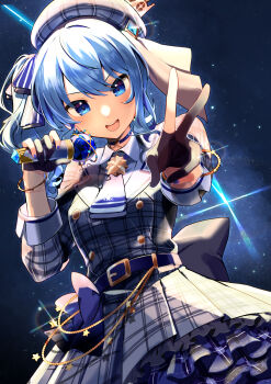 1girl beret black_gloves black_thighhighs blue_choker blue_eyes blue_hair blue_nails blush breasts choker collared_shirt commentary_request fingernails gloves grey_hat grey_jacket hair_between_eyes hat highres holding holding_microphone hololive hoshimachi_suisei hoshimachi_suisei_(1st_costume) jacket jewelry long_sleeves looking_at_viewer medium_breasts microphone nail_polish night open_mouth partially_fingerless_gloves plaid_clothes plaid_hat plaid_jacket shinomiya_shino_(sinosino141) shirt shooting_star sky smile solo star_(sky) star_(symbol) star_choker starry_sky thighhighs upper_body v virtual_youtuber white_shirt