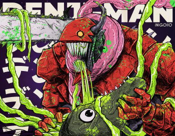 1boy artist_name blood bloody_weapon chainsaw chainsaw_devil chainsaw_man commentary denji_(chainsaw_man) english_commentary facing_to_the_side highres horns inigoiio intestine_clothing intestines male_focus open_mouth organs pull_cord scarf sharp_teeth simple_background solo teeth weapon