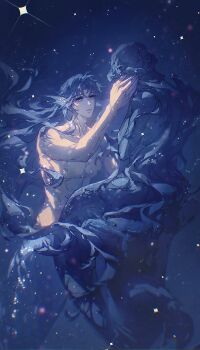 Rule 34 | 1boy, 1girl, chaoxibumian, commentary request, fins, fish tail, hand on another's cheek, hand on another's face, head fins, highres, long hair, love and deepspace, mermaid, merman, monster boy, monster girl, official alternate costume, official alternate hair length, official alternate hairstyle, parted bangs, parted lips, protagonist (love and deepspace), purple hair, rafayel (love and deepspace), sitting, sparkle, statue, tail, topless female, underwear