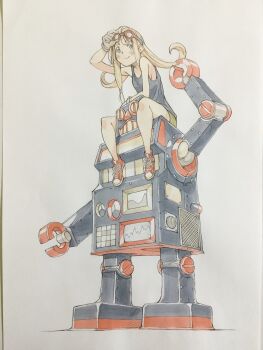 1girl arm_up black_tank_top blonde_hair blue_eyes closed_mouth commentary gauge gloves goggles goggles_on_head green_shorts highres humanoid_robot long_hair long_sidelocks looking_at_viewer original peter_salt red_shoes robot shoes shorts sidelocks sitting smile tank_top traditional_media white_background white_gloves