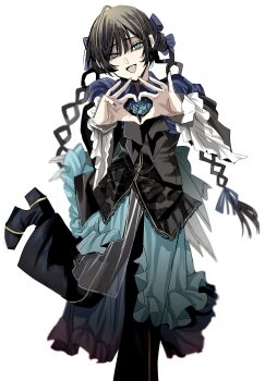 Rule 34 | 1girl, ado (utaite), black hair, black jacket, black pants, blue eyes, blue nails, blue skirt, chando (ado), commentary, four-finger heart hands, gunjyou (gunjyou 00), heart, heart hands, highres, jacket, long hair, long sleeves, mole, mole under eye, nail polish, open mouth, pants, simple background, skirt, solo, symbol-only commentary, utaite, white background