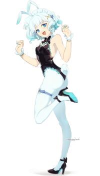 1girl :d alternate_costume animal_ears ankle-strap_heels artist_name ass bare_shoulders black_bow black_bowtie black_leotard blue_eyes bow bowtie breasts collar commentary darkgreyclouds detached_collar english_commentary eyelashes fang frilled_collar frilled_leotard frills full_body gradient_hair green_hair green_nails hair_ornament heart heart_o-ring high_heels highres indie_virtual_youtuber leotard looking_at_viewer maid_headdress mint_fantome mint_fantome_(minto_2.0) multicolored_hair nail_polish o-ring o-ring_thigh_strap open_mouth pantyhose playboy_bunny rabbit_ears rabbit_tail shoe_soles short_hair simple_background skin_fang small_breasts smile solo standing standing_on_one_leg strapless strapless_leotard tail thigh_strap triangular_headpiece virtual_youtuber white_background white_hair white_pantyhose wrist_cuffs x_hair_ornament