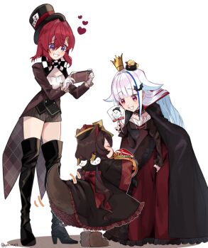 3girls :d aged_down akym ange_katrina animal animal_hair_ornament animal_on_head back_bow bat_hair_ornament bird bird_on_head black_boots black_cloak black_dress black_hat black_nails blue_eyes blue_hair blunt_bangs blush boots bow bowtie breasts brown_boots brown_coat brown_dress brown_hair brown_tail bucket candy cellphone checkered_bow checkered_bowtie checkered_clothes child clawed_boots cloak closed_eyes clothed_animal coat collared_cloak commentary_request crown dog_girl dog_tail dress fang food frilled_dress frilled_sleeves frills fur_boots gloves grey_shorts hair_intakes hair_ornament halloween_bucket halloween_costume hand_on_own_leg hand_up hands_up hat heart high_heel_boots high_heels holding holding_bucket holding_candy holding_food holding_lollipop holding_phone inui_toko jiangshi_costume knee_boots leaning_forward lize_helesta lollipop long_dress long_hair long_sleeves looking_at_another looking_down low_twintails medium_hair mini_crown monocle multicolored_hair multiple_girls nail_polish nijisanji ofuda ofuda_on_head on_head open_mouth phone pinstripe_shorts plaid_clothes plaid_coat playing_card_hat_ornament purple_eyes qingdai_guanmao raised_inner_eyebrows recording red_bow red_dress red_hair red_hat sanbaka_(nijisanji) sebastian_piyodore shaped_lollipop shorts sidelocks simple_background skin_fang sleeves_past_wrists small_breasts smartphone smile standing streaked_hair sweets tail tail_under_clothes tail_wagging tailcoat top_hat triangle_hair_ornament twintails twitter_username two-sided_coat two-sided_fabric two-tone_hair very_long_hair virtual_youtuber white_background white_gloves white_hair white_mouth yellow_bird